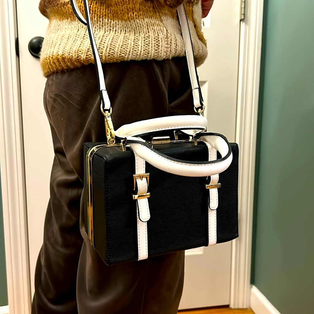 Black and white mini chest hand bag